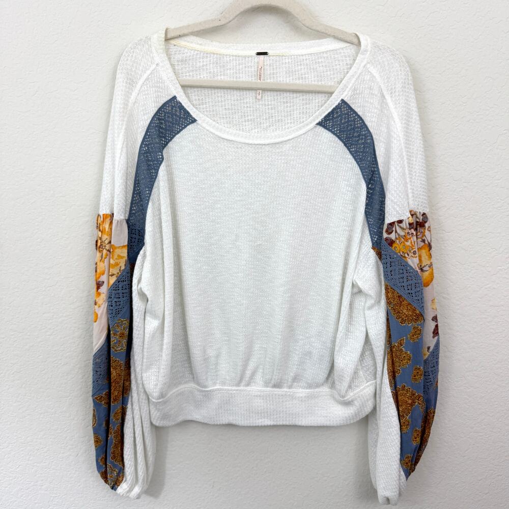 Free People Womens Casual Clash Top Size S Floral Embroidery Boho Billow Cream